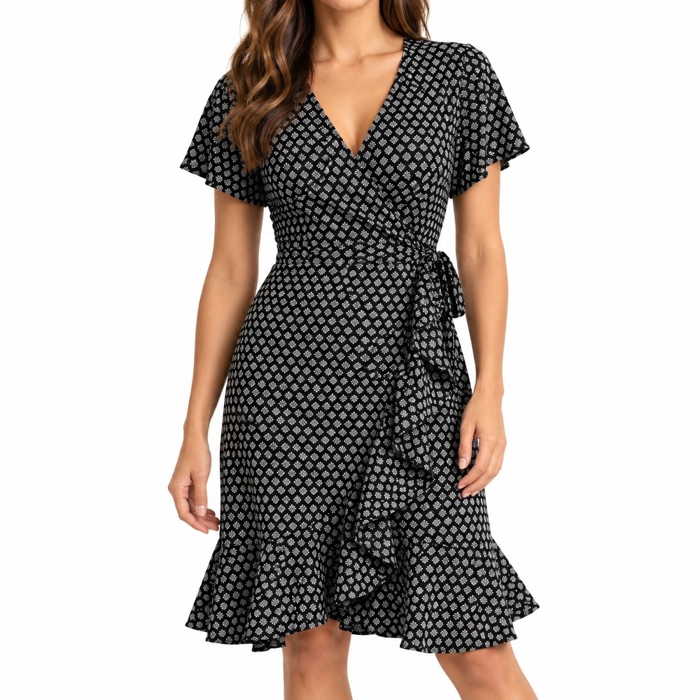 Banana Republic Black White Printed Wrap Dress Ruffle Hem Short Sleeve Size 6